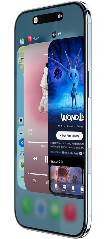 „iPhone Air“, priekinė pusė, šoninė pusė, su programomis „Žemėlapiai“, „Muzika“ ir „Apple TV“, demonstruoja naudojamą programų perjungiklio funkciją