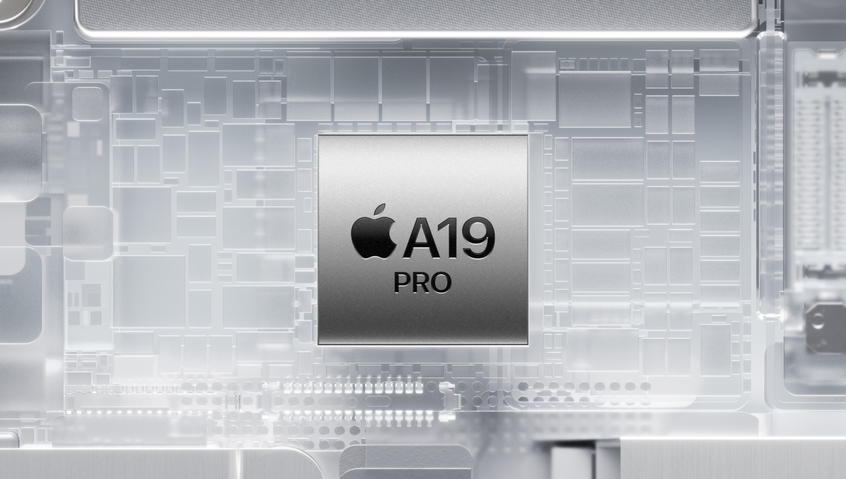 „A19 Pro“ lustas, apsuptas šviečiančių „iPhone“ vidinių komponentų