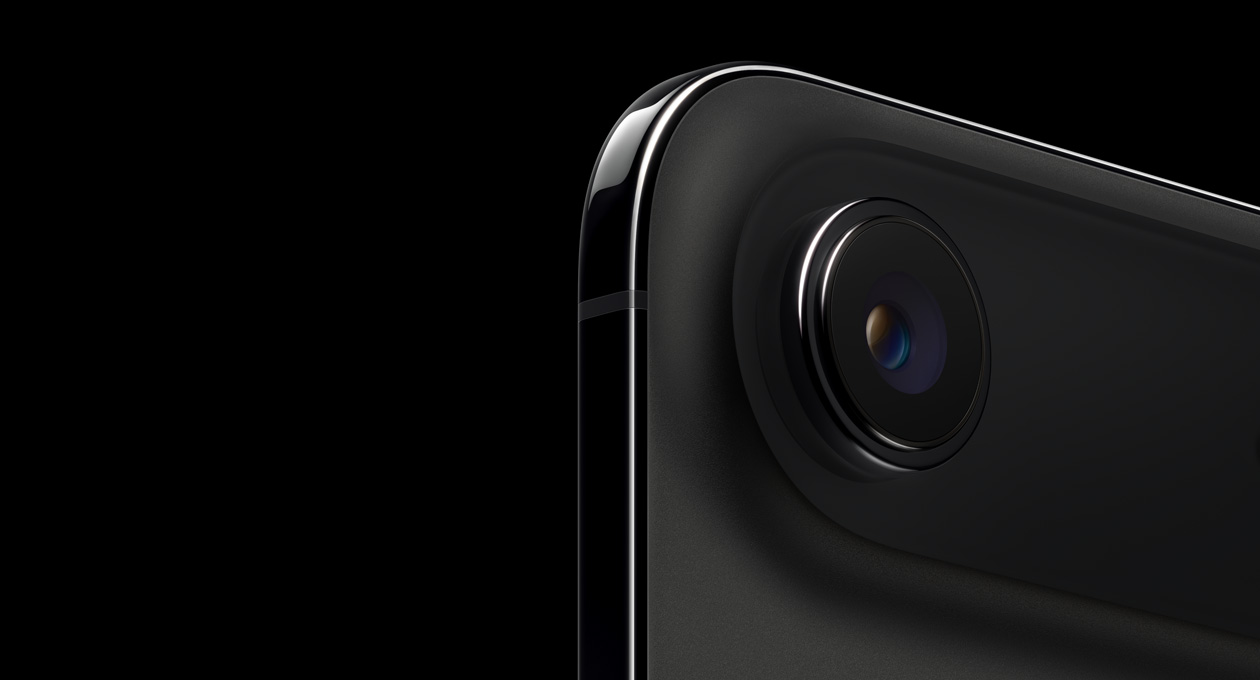 iPhone Air, parte trasera, negro espacial, esquina superior redondeada, sistema de cámara Fusion de lente único