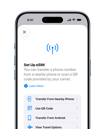 Vista frontal do iPhone Air, com a funcionalidade Configurar serviço móvel em utilização para transferir facilmente um número de telefone com eSIM