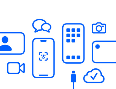 Appareils et fonctionnalités Apple, iCloud, iPhone avec Face ID et câble de charge, Caméra, Messages