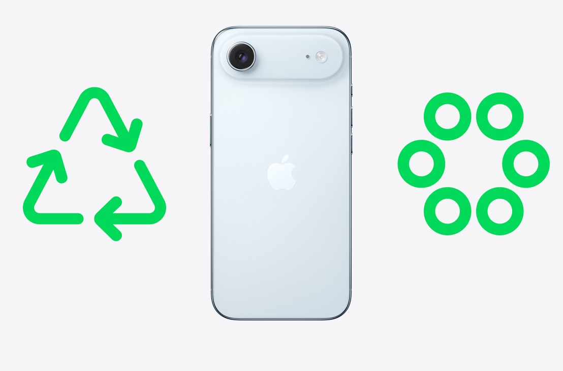 Stražnja strana iPhonea Air, zelena ikona za recikliranje, zelena ikona recikliranih materijala