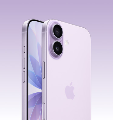 iPhone 17 in Lavender finish, partial screen display and side angle shows Action button, volume button and side button. Back exterior shows Dual Fusion camera system in top left corner.