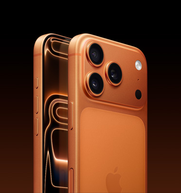 iPhone 17 Pro in cosmic orange finish showing partial screen display and side angle shows Action button, volume button and side button. Back exterior shows Pro Fusion camera system in top left corner.
