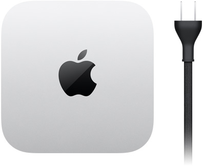 Mac mini, parte superior, aluminio color plata, diseño cuadrado, esquinas redondeadas, logo de Apple en el centro en negro brillante, cable de corriente negro con enchufe de dos patas
