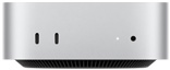 Mac mini, parte frontal, dos puertos Thunderbolt, luz indicadora de estado y entrada para audífonos, base cónica negra en la parte inferior, superficie plana en la parte superior, lados redondeados, bordes rectos, color plata
