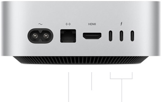 Mac mini con chip M5 Pro, parte posterior, entrada para cable de corriente, puerto Ethernet, puerto HDMI, tres puertos Thunderbolt