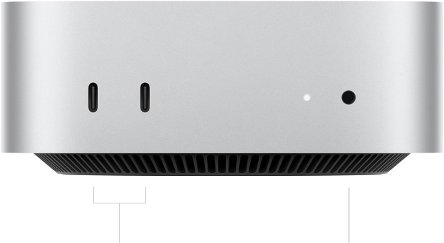 Mac mini, parte frontal, dos puertos Thunderbolt, luz indicadora de estado y entrada para audífonos, base cónica negra en la parte inferior, superficie plana en la parte superior, lados redondeados, bordes rectos, color plata