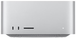 Mac Studio, parte frontal, dos puertos USB-C, ranura para tarjeta SDXC, luz indicadora de estado, base cónica en la parte inferior, superficie plana en la parte superior, lados redondeados, bordes rectos, color plata