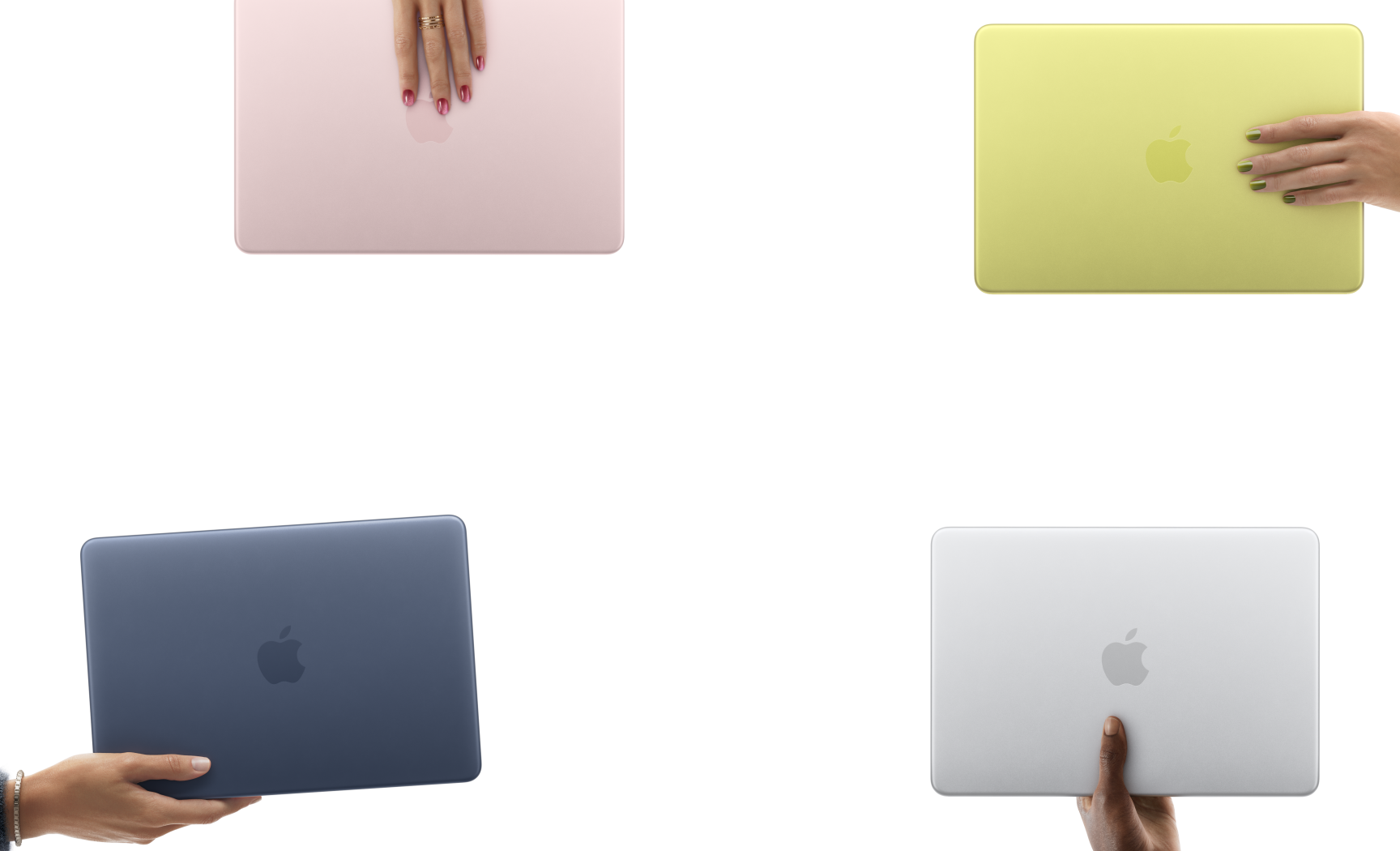 Cuatro laptops MacBook Neo en los colores rosa rubor, amarillo cítrico, índigo y plata, cada una en la mano de una persona diferente