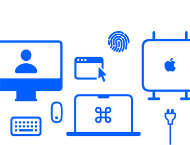 Dispositivos y funcionalidades de Apple, cable de carga, laptop y computadora de escritorio Mac, teclado, mouse, monitor, ventana de macOS, Touch ID
