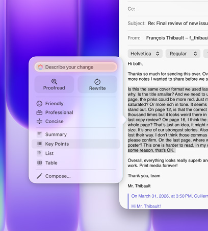 Outils d’écriture en cours d’utilisation, avec mise en surbrillance d’un long paragraphe de texte au sein d’un e-mail, le menu Outils d’écriture montre l’option Points clés sélectionnée, avec l’icône d’une liste à puces