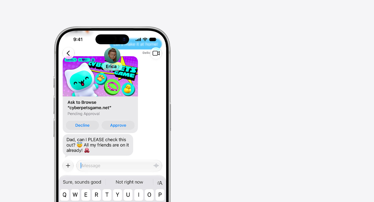 To tredjedeler av forsiden på en iPhone 17 Pro i sølv er synlig. På skjermen vises en tekstmelding med et skjermbilde fra cyberpetsgame.net og knappene Avvis og Godkjenn under grafikken. I meldingsteksten står det: «Pappa, kan jeg sjekke dette? Alle vennene mine er på det allerede.»