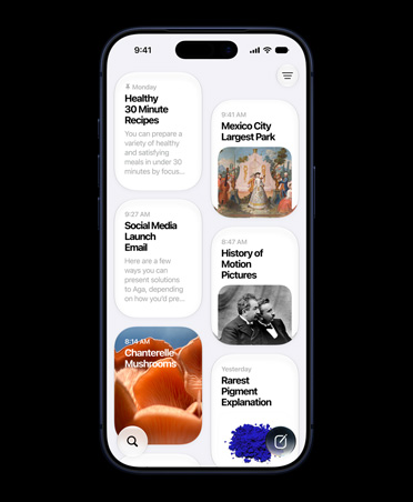En iPhone 17 Pro i fargen dypblå vises forfra. På skjermen vises Siri-appen med Siri AI-samtaler om sunne oppskrifter på 30 minutter, Mexico Citys største park, en e-post om lansering på sosiale medier, filmhistorie, kantareller og en artikkel om sjeldne pigmenter