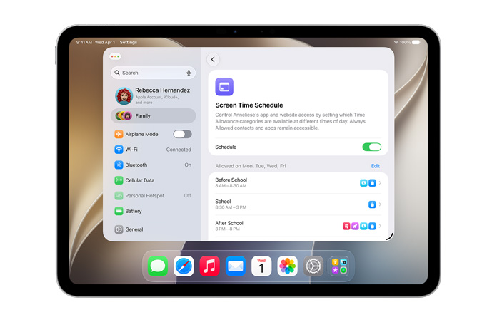 iPad Pro de 11 pulgadas, plata, la pantalla muestra las opciones Límite de Tiempo y Horario de Tiempo de Uso en Ajustes para establecer límites de tiempo y categorías de contenido permitidas para los menores