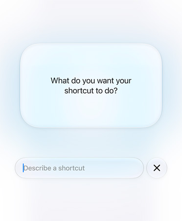 Näytöllä on kysely ja vastaus Siri AI:n ja käyttäjän keskustelusta, aiheena pikakomennon tarkoitus. Kyselytekstissä lukee: Mitä haluat pikakomentosi tekevän?
