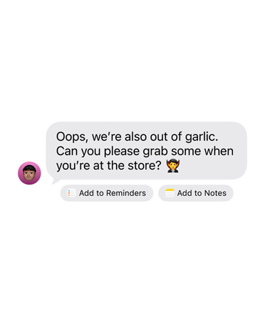 En mottatt iMessage-melding med to knapper for foreslåtte handlinger under: Legg til i Påminnelser og Legg til i Notater