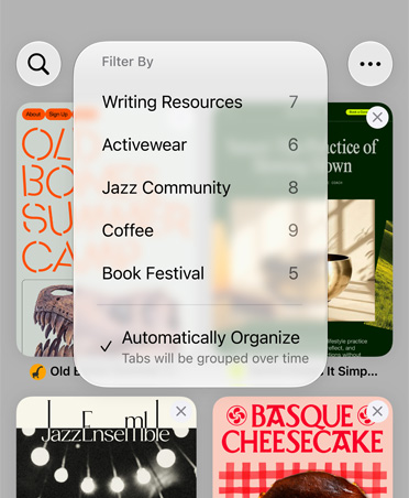 Safari-nettleseren på iPhone viser Filter-menyen med kategorier som Skriveressurser, Sportstøy, Jazzmiljø, Kafé og Bokfestival. Valget Organiser automatisk er markert.