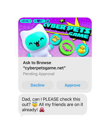 En skjerm viser en tekstmelding med et skjermbilde fra cyberpetsgame.net. Knappene Avvis og Godkjenn vises under grafikken, sammen med teksten «Pappa, kan jeg prøve dette? Alle vennene mine spiller det.»