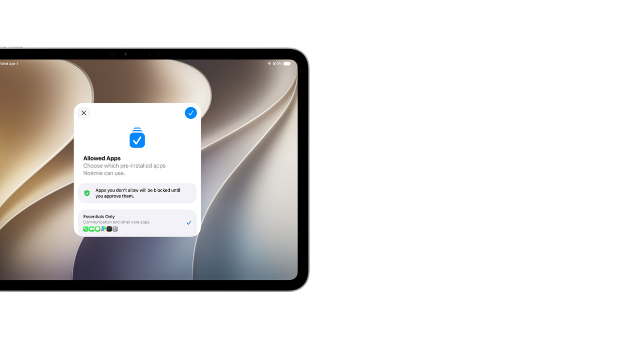 iPad Pro de 11 pulgadas, plata, la pantalla muestra la app Asistente de Configuración con una serie de apps que los padres pueden elegir para sus hijos