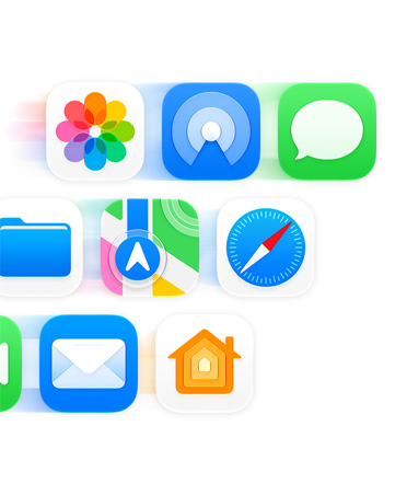 Rutenett med appsymboler som Meldinger, Safari og Mail
