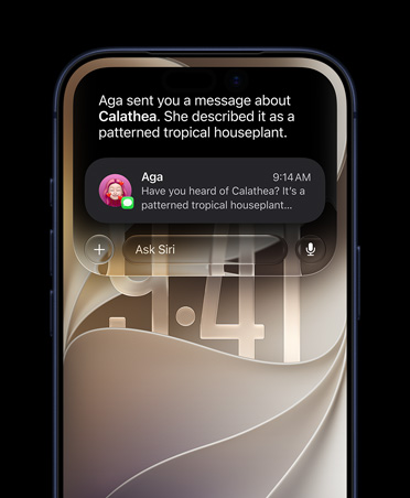En iPhone 17 Pro i fargen dypblå vises forfra. På skjermen vises et spørsmål til Siri AI om en stueplante som er nevnt i en samtale i Meldinger.