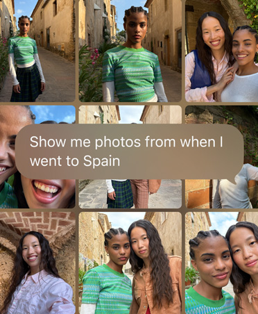 Query for Siri AI to retrieve recent holiday photos, text overlays photo grid