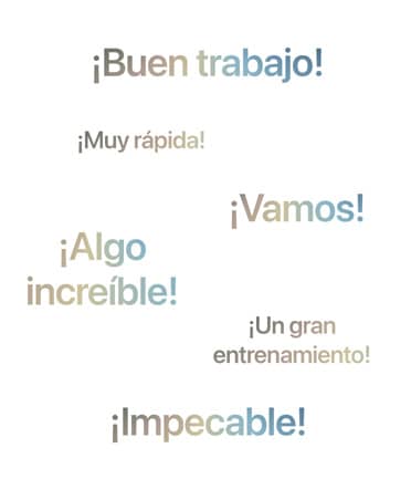 Pantalla blanca con ejemplos de expresiones que Workout Buddy dice en español.