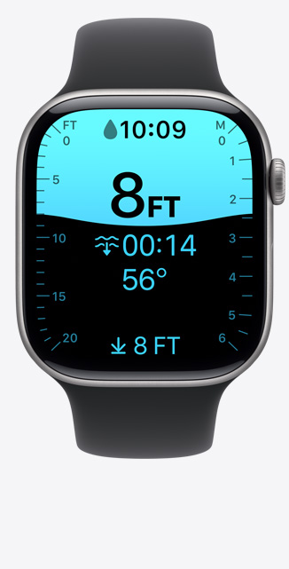 Tampilan depan layar aplikasi Kedalaman pada Apple Watch Series 11 yang memperlihatkan penyelaman hingga 8 kaki.