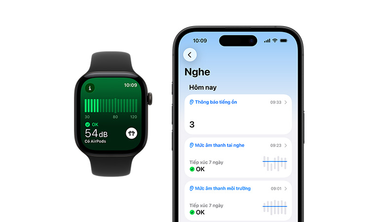 Apple Watch Series 12, aluminum case, black color, Noise app, Sport Band, black color, detailed Hearing daily summary open on paired iPhone