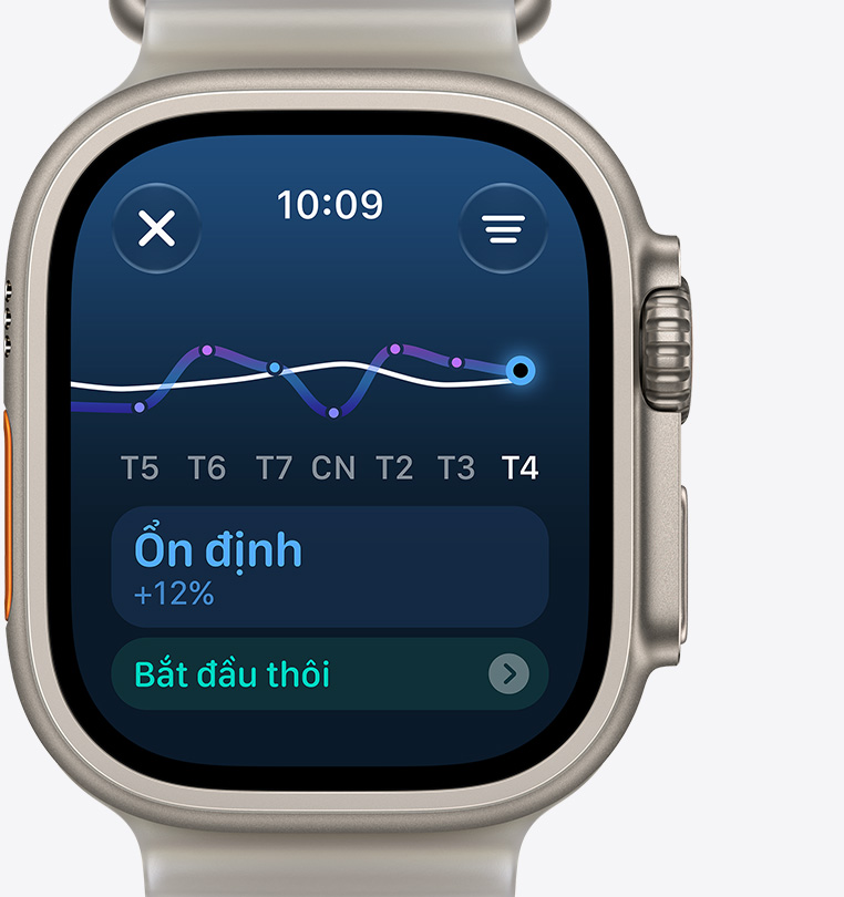 Apple Watch Ultra 4, training load screen indicates steady increase, titanium case, natural color, connected to Ocean Band, translucent gray color
