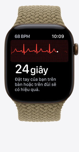 Apple Watch Series 12, aluminum case, dark bronze color, ECG app, heart rhythm line and timer, Braided Sport Loop, olive color (light earthy green)