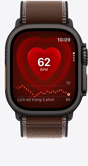 Apple Watch Ultra 4, vỏ titan, đen, màu, ứng dụng Nhịp Tim, số nhịp mỗi phút hiện tại, Dây Quấn Trail, màu nâu đất đậm (nâu)